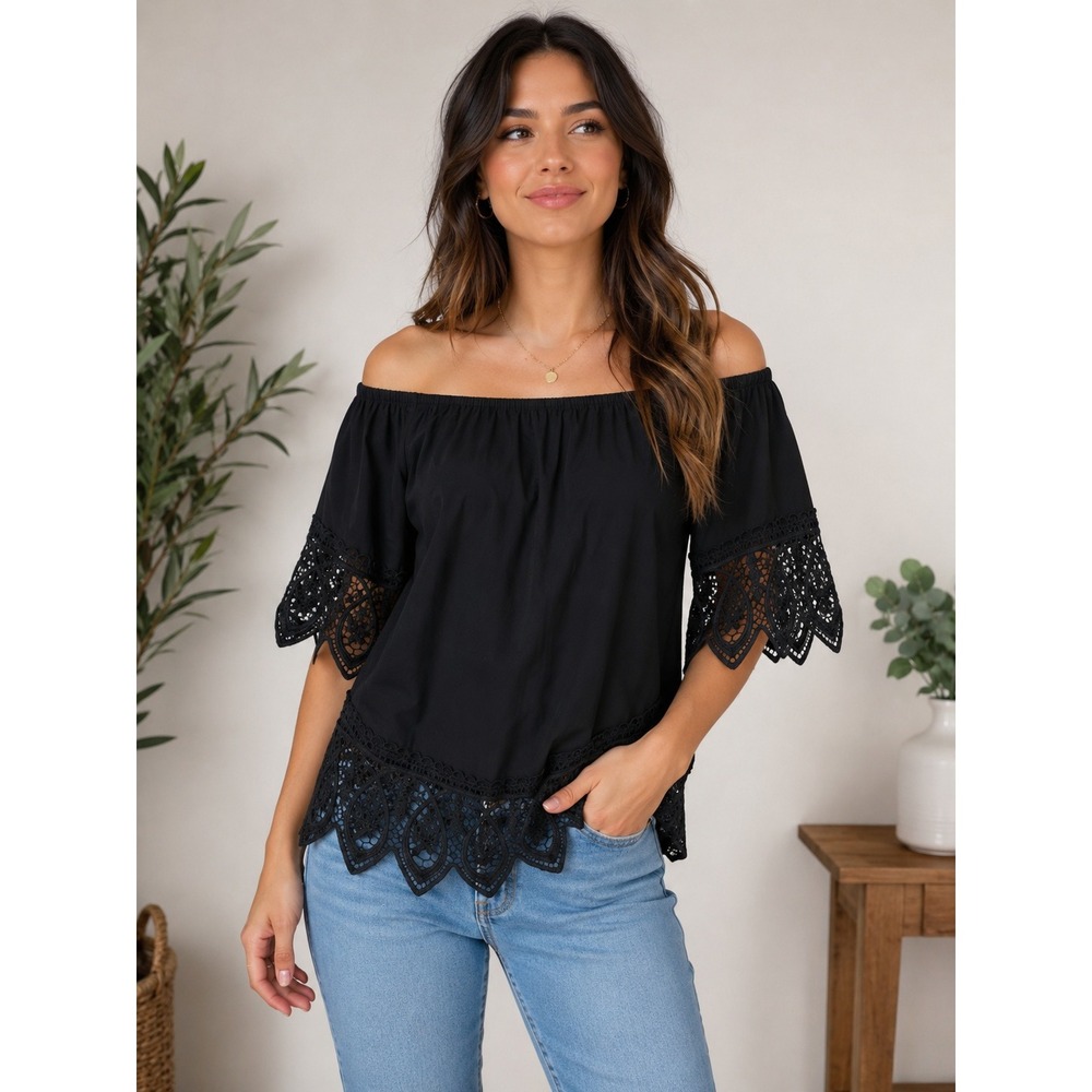 Love J Womens Off The Shoulder Crochet Lace Trim Blouse Black Bell Sleeve Small
